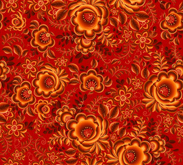 Orange floral seamless pattern on red background in Russian tradition hohloma style