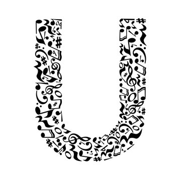 U letter made of musical notes on white background. Alphabet for art school. Trendy font. Graphic decoration.
