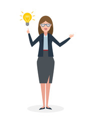Businesswoman with idea bulb white background. Isolated character. Businesswoman pointing at idea bulb. Concept of successful job.