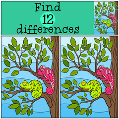 Children games: Find differences. Two little cute chameleons sit on the tree branch.