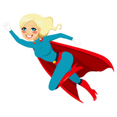 Blonde super hero girl flying fast in blue and red costume with cape
