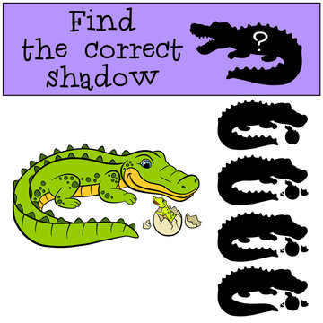 Children games: Find the correct shadow. Mother alligator with her little cute baby alligator.