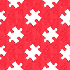 diagonal red jigsaw puzzle pieces interlocking with some missing pieces on a white background (seamless texture, 3d illustration)