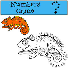 Educational games for kids: Numbers game. Little cute orange chameleon smiles.