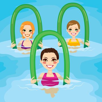 Small group of women making aqua gym exercises with foam rollers in swimming pool at the leisure center