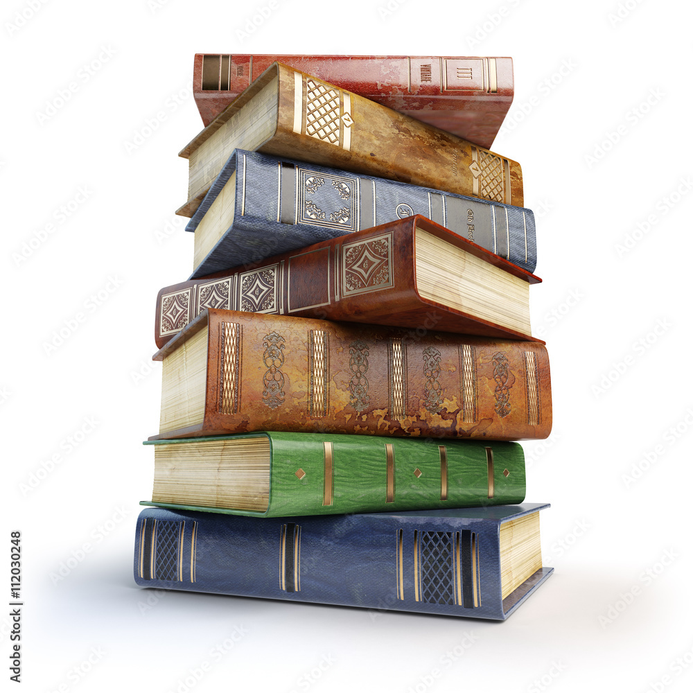 Poster old books. stack of vintage books isolated on white.