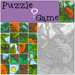 Education games for kids. Puzzle. Two little cute chameleons.