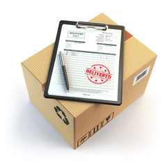 Delivery concept. Cardboard box, pen, clipboard with receiving f