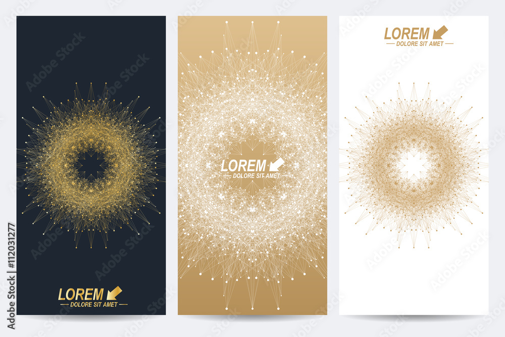 Poster modern set of vector flyers. molecule and communication background. geometric abstract round golden 