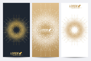 Modern set of vector flyers. Molecule and communication background. Geometric abstract round golden forms. Connected line with dots. Graphic composition for medicine, science, technology, chemistry