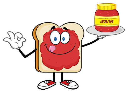 Bread Slice Cartoon Character With Jam Holding A Jar Of Jam