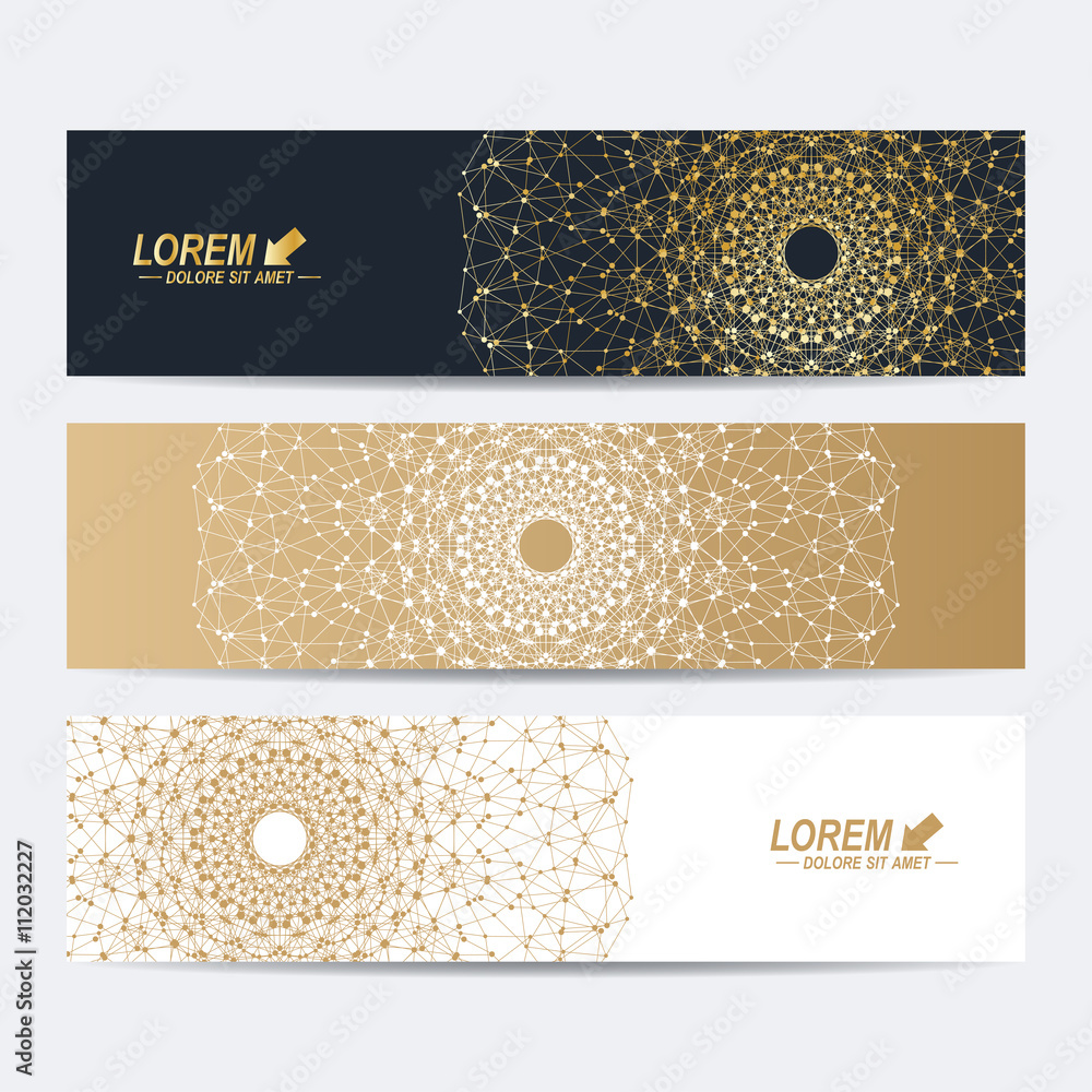 Poster modern set of vector banners. molecule and communication background. geometric abstract round golden