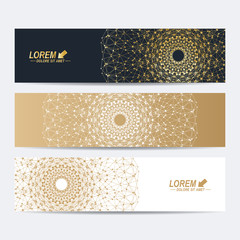 Modern set of vector banners. Molecule and communication background. Geometric abstract round golden forms. Connected line with dots. Graphic composition for medicine, science, technology , chemistry.