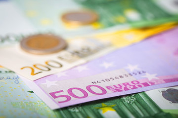 Closeup of banknotes and coins