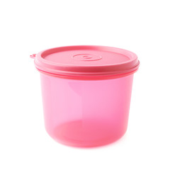 Pink plastic beaker cup isolated over the white background