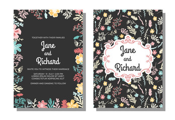 Wedding invitation, save the date cards. Vector illustration, wildflowers, berries and moss on dark background. Invitation with floral pattern and freehand classic frame