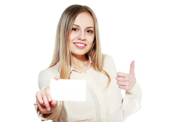 female showing blank credit card