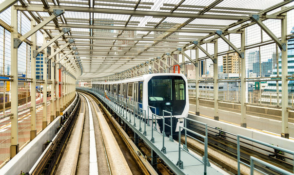 Train at Yurikamome line on the Rainbow bridge in Tokyo