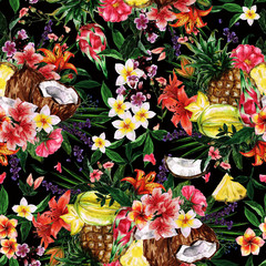 Watercolor Seamless pattern - Tropical Flowery background 