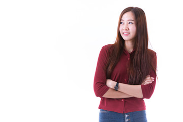 Young Asian student isolated on white background.