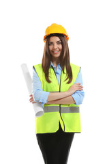 Female engineer in vest and helmet holding rolled blueprint isolated on white