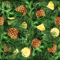 Fototapeta premium Watercolor Seamless pattern - Tropical background with Pineapples