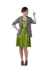 beautiful asian woman pointing up