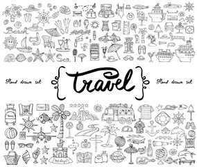 Vector set with hand drawn isolated doodles on the  theme of travel and tourism. Sketches for use in design - 112039461