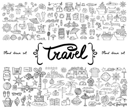 Vector set with hand drawn isolated doodles on the  theme of travel and tourism. Sketches for use in design
