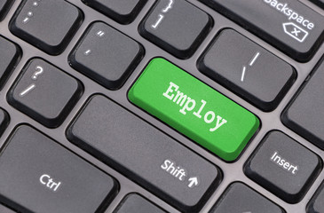 Computer keyboard closeup with "Employ" text on green enter key