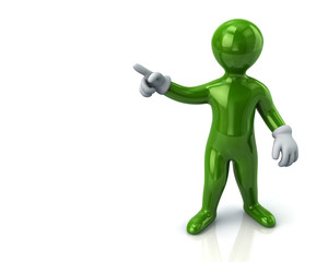 Green cartoon man  pointing with his index finger