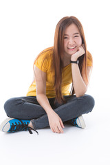 Young Asian student isolated on white background.