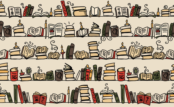 Seamless pattern with books on bookshelves, sketch design