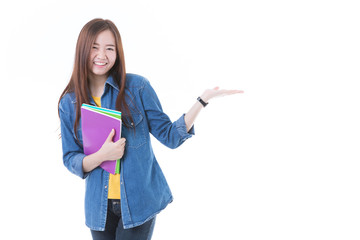 Young asian student girl with book. Isolated on white background