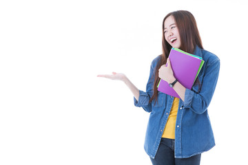 Young asian student girl with book. Isolated on white background