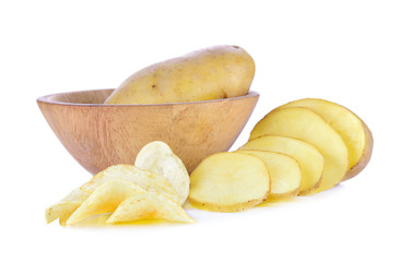 French fries, sliced on a white background.