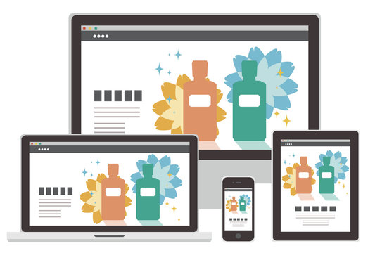 Vector set : Responsive web design "Cosmetics ads" (Gadgets - laptop, desktop computer, smart phone, tablet)