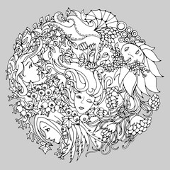 Floral round decorative element with surreal female faces, leaves, berries, branches and flowers. Black and white vector illustration for coloring pages or other.