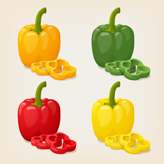 Set of Colored Yellow Green Orange and Red Sweet Bulgarian Bell Peppers, Paprika. Vector illustration.