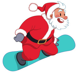 Santa Claus flying on the blue snowboard, flat vector cartoon illustration