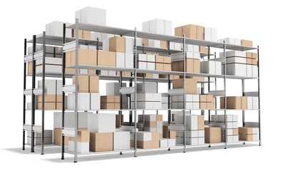 3d interior warehouse with rows of shelves and boxes