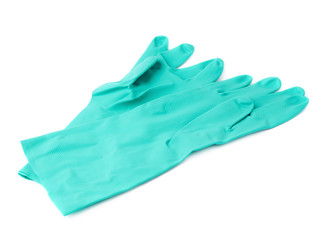 Pair of Rubber latex green glove over white isolated background