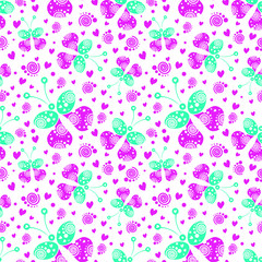 Seamless vector pattern with insects, background with green and pink decorative ornamental butterflies on the white backdrop. Decorative repeating ornament. Series of Insects Seamless Patterns.