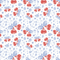 Seamless vector pattern with insects, background with blue and red decorative ornamental butterflies on the white backdrop. Decorative repeating ornament. Series of Insects Seamless Patterns.
