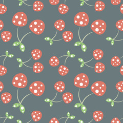 Seamless vector pattern with red decorative ornamental cherries on the blue background. Repeating ornament. Series of Fruits and Vegetables Seamless Patterns.