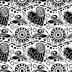 Seamless vector pattern with hearts. Black and white abstract background with drawn elements and ornamental symbols. Decorative repeating ornament.