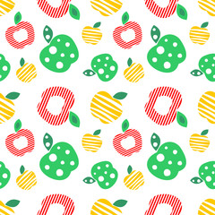 Seamless vector pattern with colorful ornamental different apples on the white background. Repeating ornament. Series of Fruits and Vegetables Seamless Patterns.