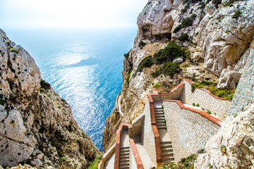 The stairway leading to the Neptune's Grotto,near Alghero, in Sa - obrazy, fototapety, plakaty