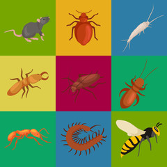 Pest control concept with insects exterminator silhouette flat vector illustration