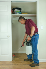 A professional pest control service man or do-it-yourself home owner spraying pesticide on the inside of a house to keep bugs out.
